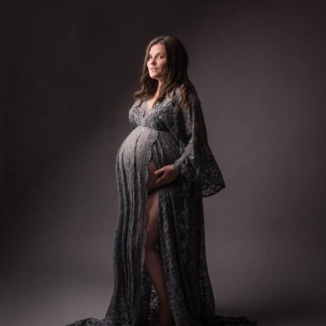 Pregnant woman wearing boho maternity dress