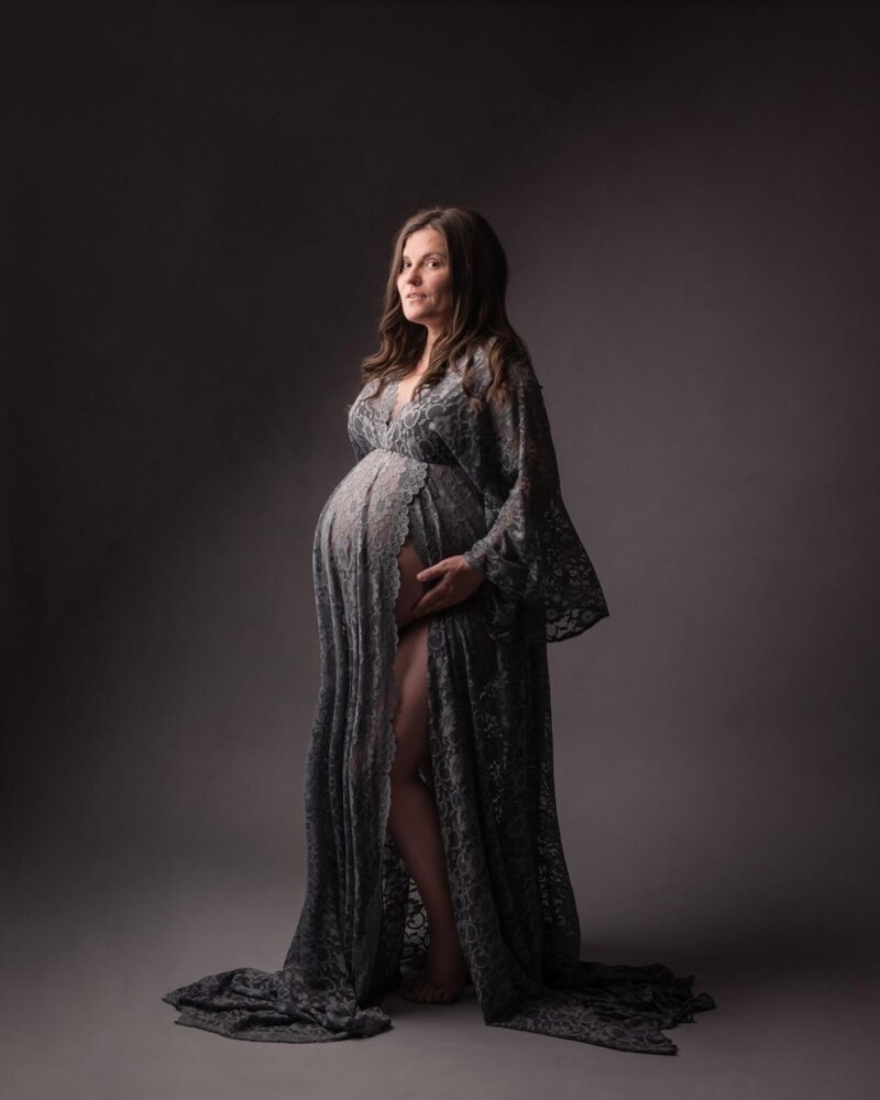 Pregnant woman wearing boho maternity dress