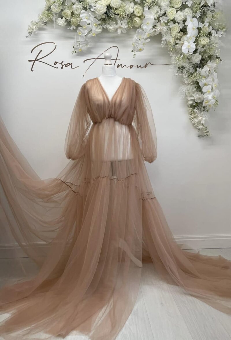 rosa amour tulle maternity gown sheer sand coloured dress